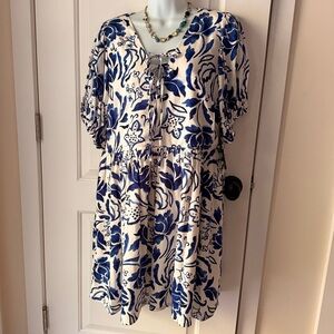 Turtledove MSK Floral Blue and White Dress Linen Blend size M  nwt
